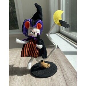 Annalee Halloween Witch Mouse 2008 9” Flying Broom Bat Moon Decor Figure